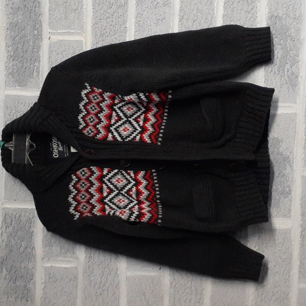 Oshkosh B'gosh 100% Cotton Grey, Red and White Button Down Sweater Size 5